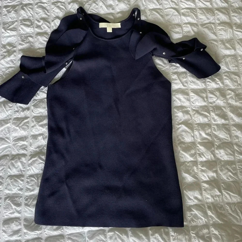 Jonathan Simkhai blue knit studded cold shoulder top